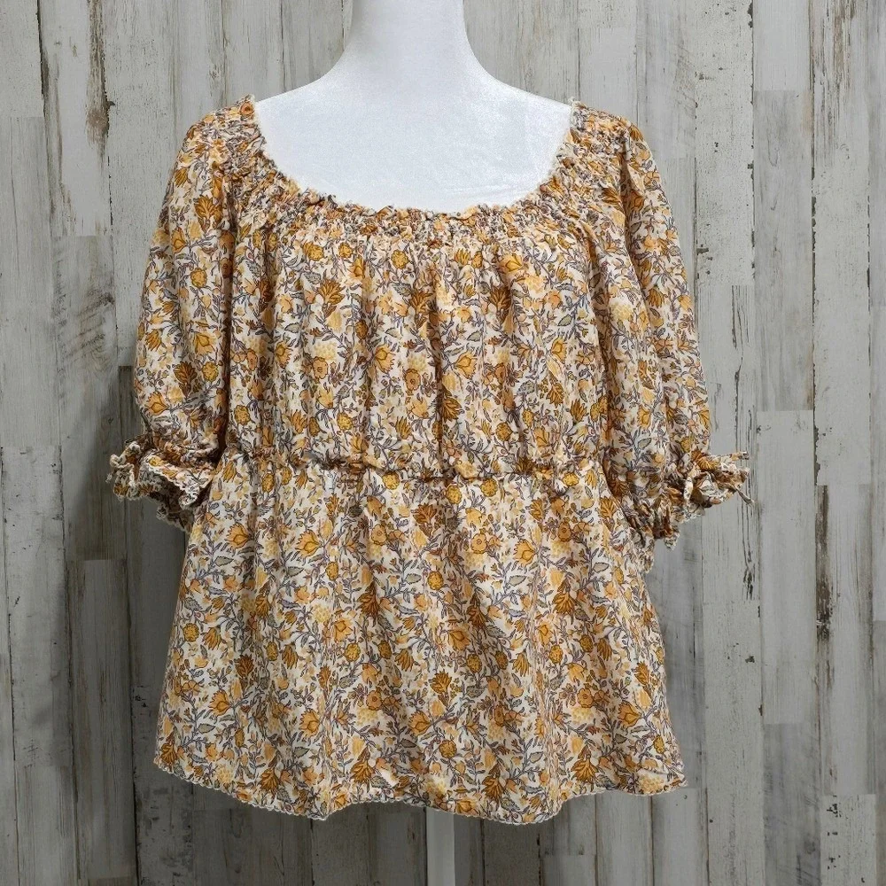 Old Navy Cream Yellow Puff Sleeve Square Neck Floral Babydoll Blouse Size Large